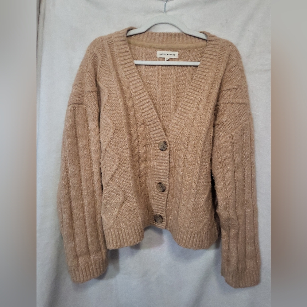 Lucky Brand Beige Cable Knit Button Cardigan